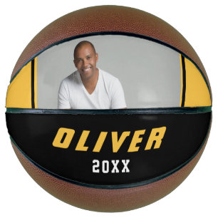 Modern Yellow Black Custom Name Text Photo Basketball