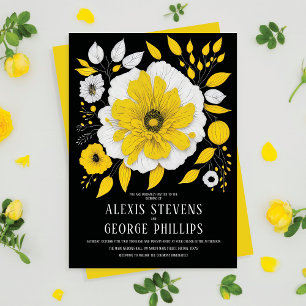 Modern Yellow Black White Floral Wedding Invitation
