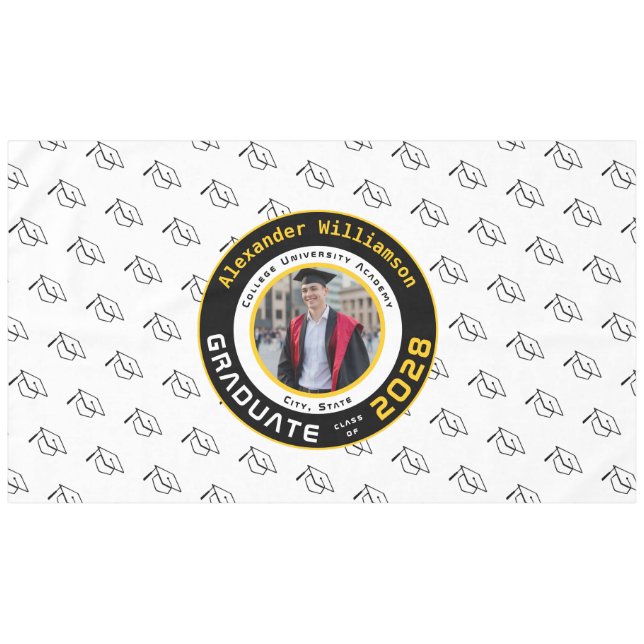 Modern Yellow Black White Graduation Photo Party Tablecloth (Front (Horizontal))