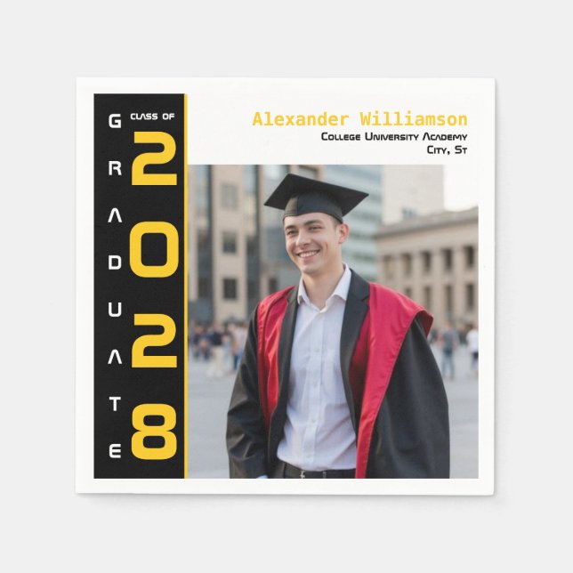 Modern Yellow Black  White Photo Graduation Party Napkin (Front)