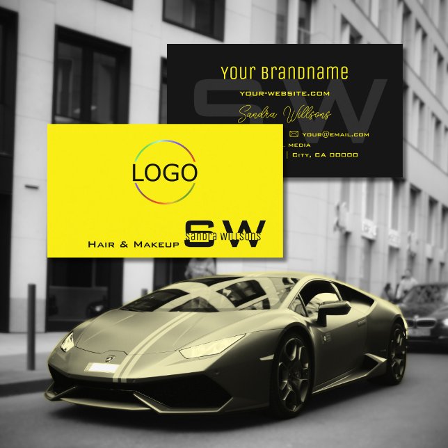Modern Yellow Black with Monogram and Logo Simple Business Card (Creator Uploaded)