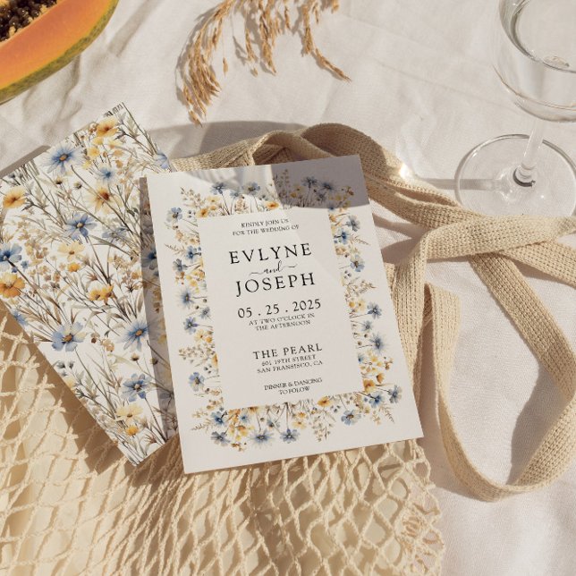 Modern Yellow & Blue Boho Chic Floral Wedding Invitation (Creator Uploaded)