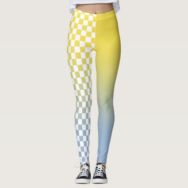 Modern Yellow Blue Gradient and Chequered Pattern Leggings (Front)