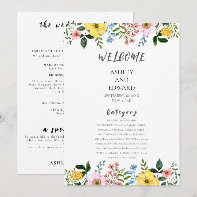 Modern Yellow Blue Pink Spring Floral Wedding Invitation (Front/Back)
