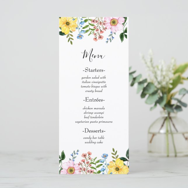 Modern Yellow Blue Pink Spring Floral Wedding Menu (Standing Front)