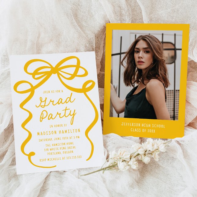 Modern Yellow Bow Photo Graduation Party Invitation (Creator Uploaded)