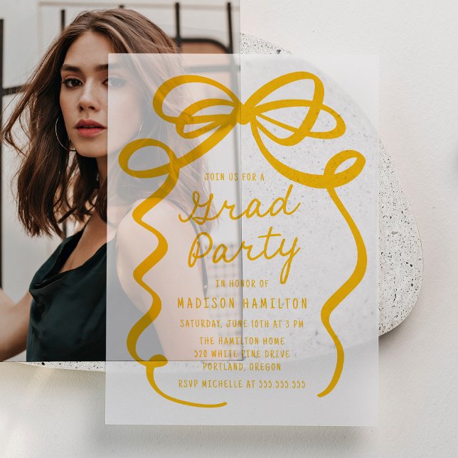 Modern Yellow Bow Photo Graduation Party Vellum Invitations (Creator Uploaded)