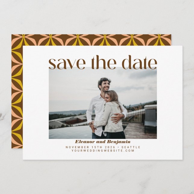 Modern Yellow Brown Retro Typography Wedding Photo Save The Date (Front/Back)