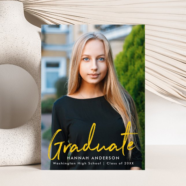 Modern Yellow Brush Script Photo Graduation Announcement (Creator Uploaded)