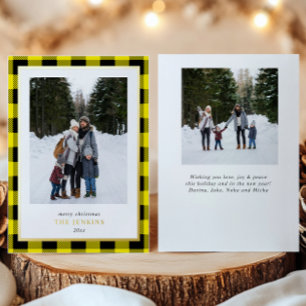 Modern Yellow Buffalo Plaid Christmas Two Photos Foil Holiday Card