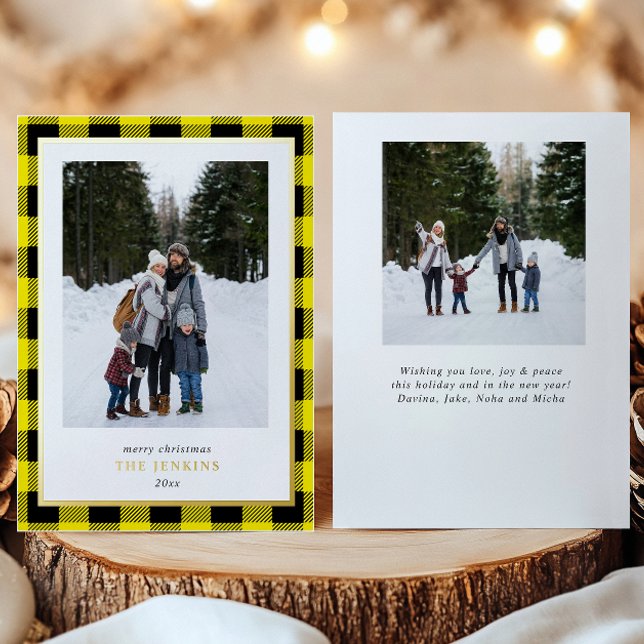 Modern Yellow Buffalo Plaid Christmas Two Photos Foil Holiday Card (Creator Uploaded)
