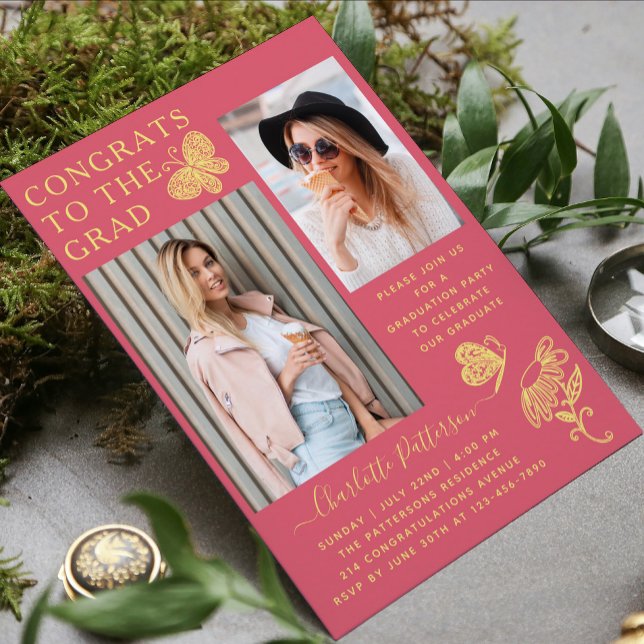 Modern Yellow Butterfly Photo Graduation Party Invitation (Creator Uploaded)