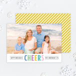 Modern Yellow Cheers Happy Holidays Photo Holiday Card<br><div class="desc">Simple and modern holiday photo card features your photo with multi-coloured "Cheers" wording and custom text for a seasonal message, your family name, and year. The back of the card includes a pattern of diagonal stripes. Cheerful colours, perfect for a summer / vacation photo, include sky blue, mint green, violet...</div>