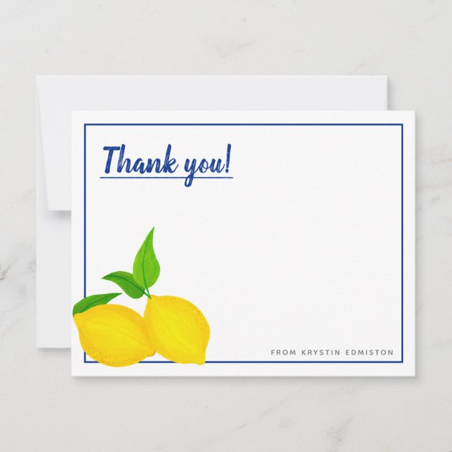 Modern Yellow Citrus Lemons on Blue Thank You Card (Front)
