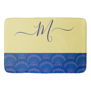 Modern Yellow Coastal Blue Seashell Monogram Bath  Mat