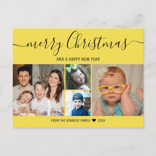 Modern Yellow Family Photo Collage Christmas Holiday Postcard (Front)
