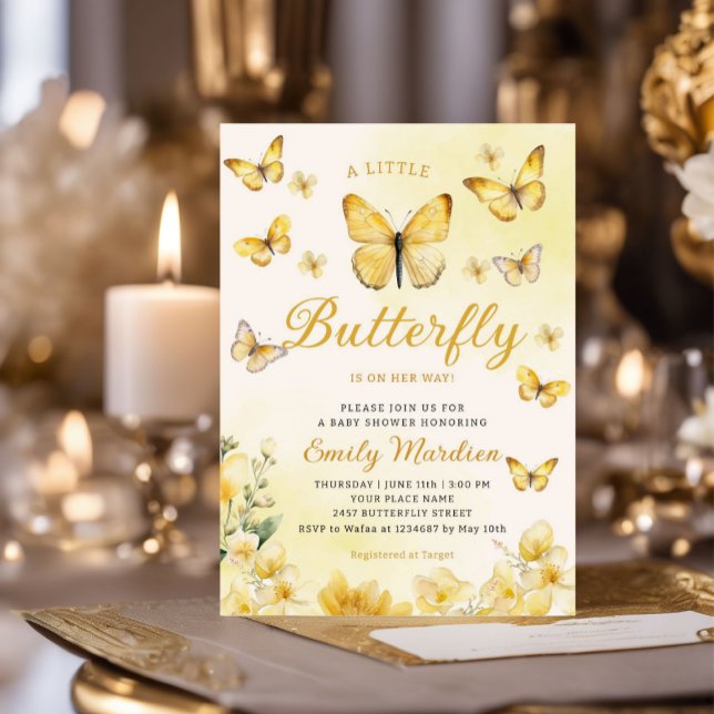 Modern yellow Floral Butterfly Girl Baby Shower  Invitation (Creator Uploaded)