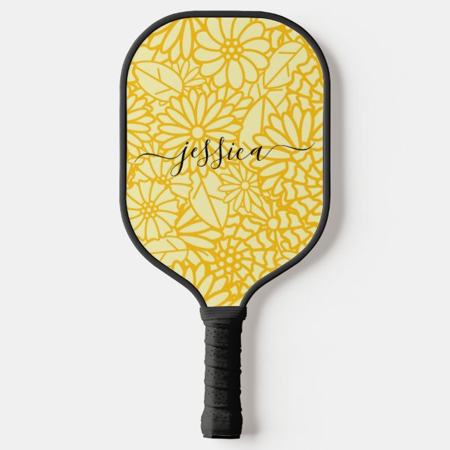 Modern yellow floral script name pickleball paddle