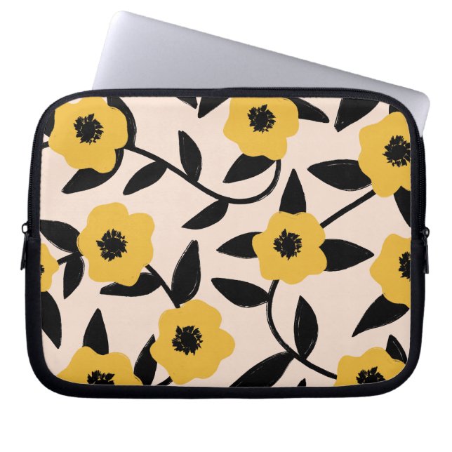 Modern Yellow Flowers Black Leaves Pattern Laptop Sleeve (Front)