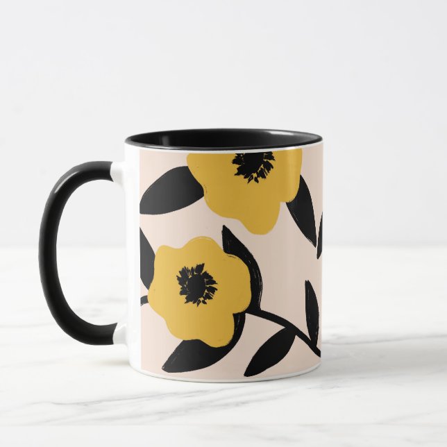 Modern Yellow Flowers Black Leaves Pattern  Mug (Left)