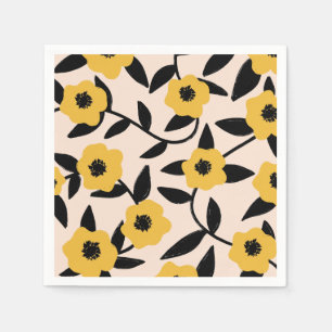 Modern Yellow Flowers Black Leaves Pattern Napkin