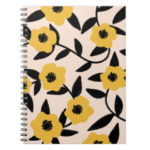 Modern Yellow Flowers Black Leaves Pattern Notebook