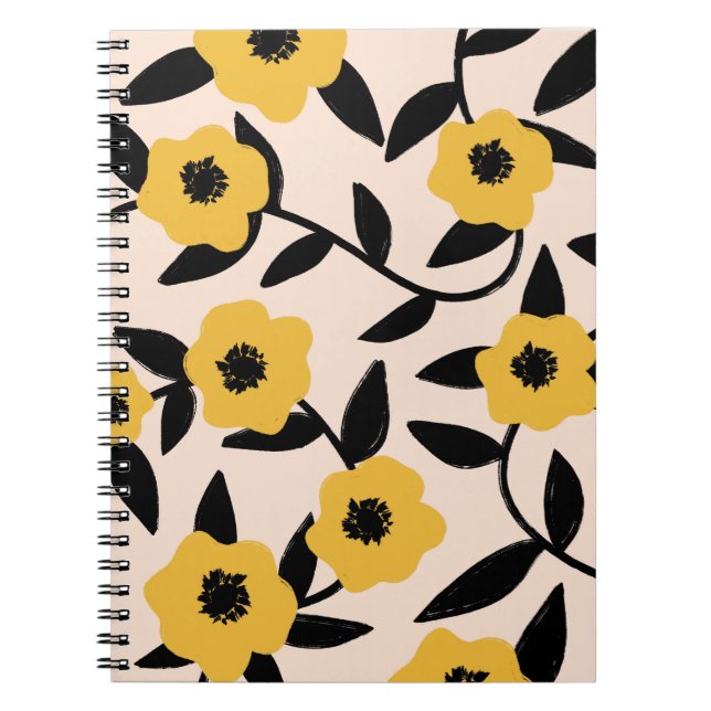 Modern Yellow Flowers Black Leaves Pattern Notebook (Front)