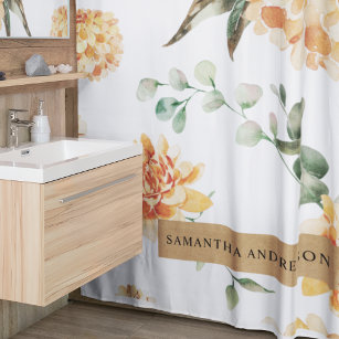 Modern Yellow Flowers & Kraft Personalised Gift Shower Curtain