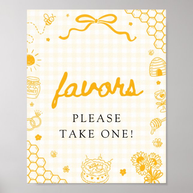 Modern Yellow Gingham Honey Bee Favours Sign (Front)