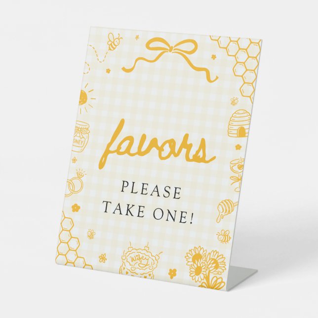 Modern Yellow Gingham Honey Bee Favours Sign (Front)