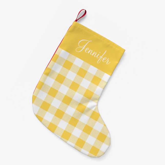 Modern Yellow Gingham Plaid Pattern Name Small Christmas Stocking (Front (Hanging))