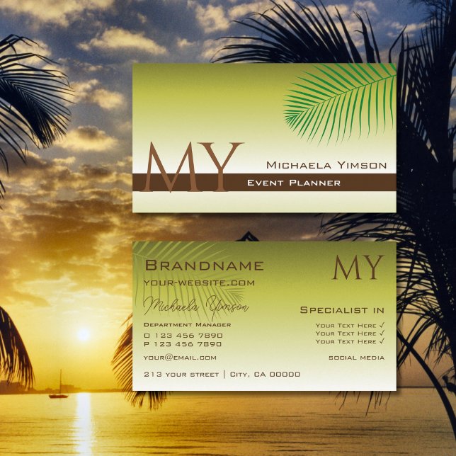Modern Yellow Gradient and Palm Leaf with Monogram Business Card (Creator Uploaded)