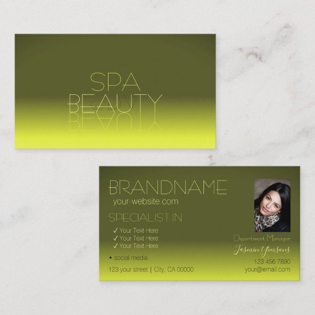 Modern Yellow Gradient Mirror Letters with Photo Business Card (Front/Back)