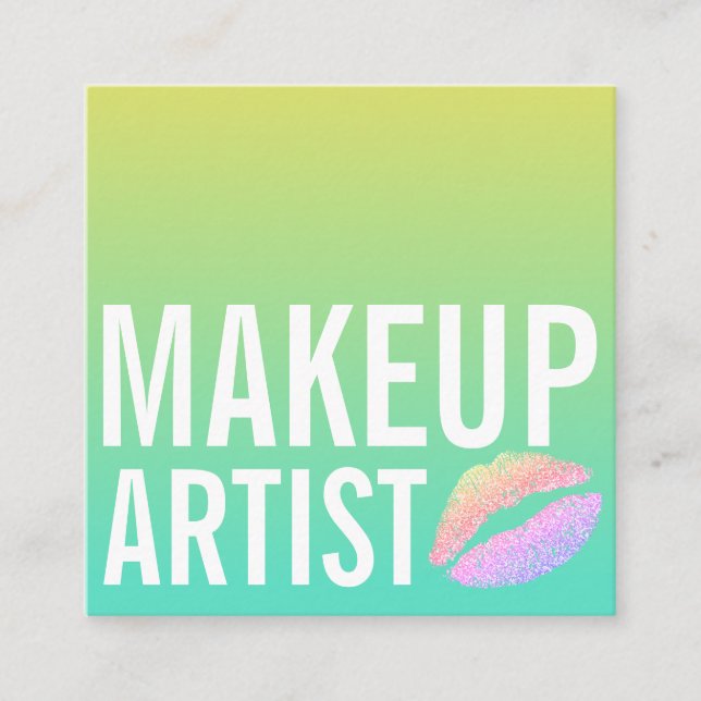 Modern yellow green blue gradient makeup beauty square business card (Front)
