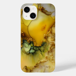 Modern Yellow Green Marble Monogram Personalised Case-Mate iPhone 14 Case
