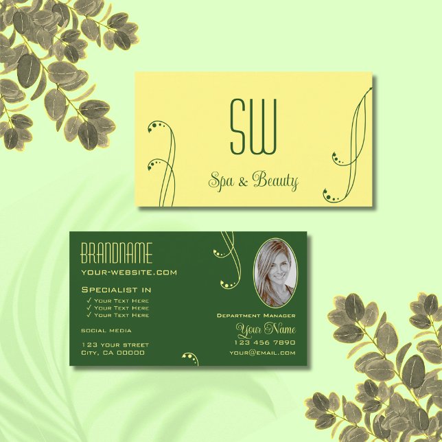 Modern Yellow Green Ornate with Monogram and Photo Business Card (Creator Uploaded)