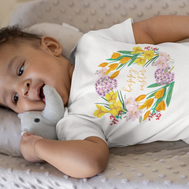 Modern yellow & green spring flowers happy easter baby bodysuit (Creator Uploaded)
