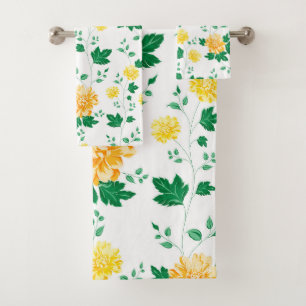 Modern Yellow Green Watercolor Floral Bath Towel Set