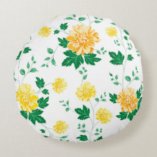 Modern Yellow Green Watercolor Floral Round Cushion