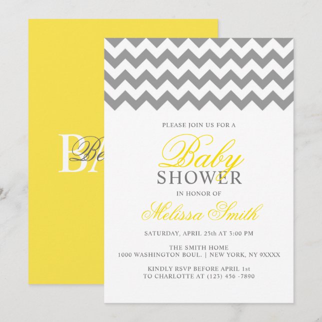 Modern Yellow Grey Chevron Neutral BABY SHOWER Invitation (Front/Back)
