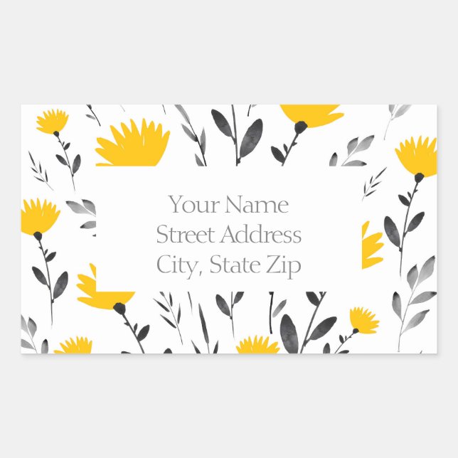 Modern Yellow, Grey Floral Motif  Rectangular Sticker (Front)