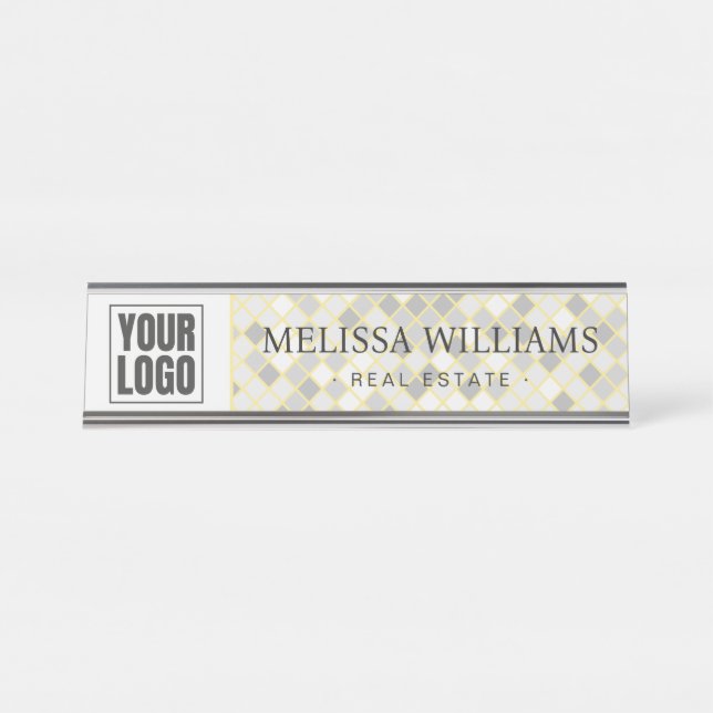 Modern Yellow & Grey Geometric Desk Name Plate (Front)