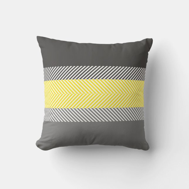 Modern Yellow & Grey Geometric Stripes Pattern Cushion (Front)