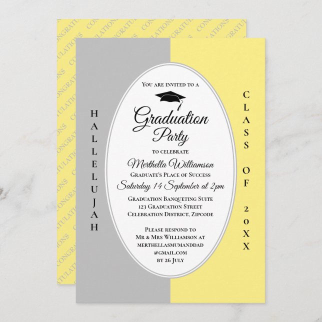 Modern Yellow Grey Hallelujah Graduation Invitation (Front/Back)