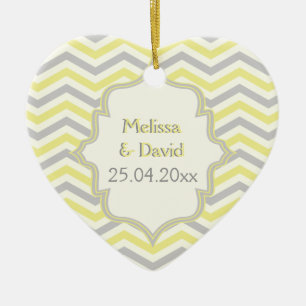 Modern yellow, grey, ivory chevron pattern custom ceramic ornament