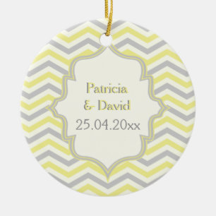 Modern yellow, grey, ivory chevron pattern custom ceramic ornament