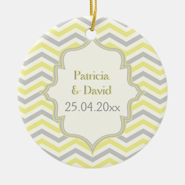 Modern yellow, grey, ivory chevron pattern custom ceramic ornament (Front)