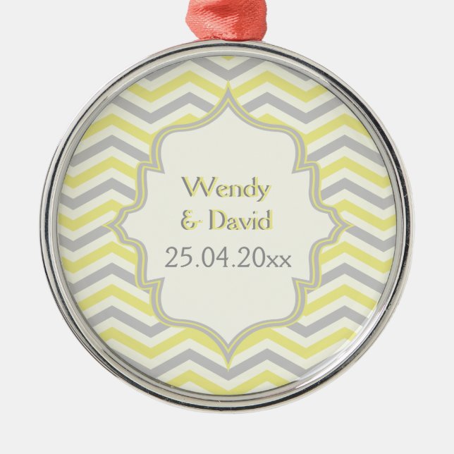 Modern yellow, grey, ivory chevron pattern custom metal ornament (Front)