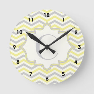 Modern yellow, grey, ivory chevron pattern custom round clock
