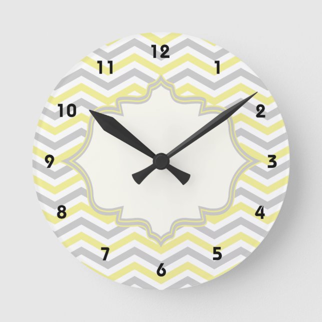 Modern yellow, grey, ivory chevron pattern custom round clock (Front)